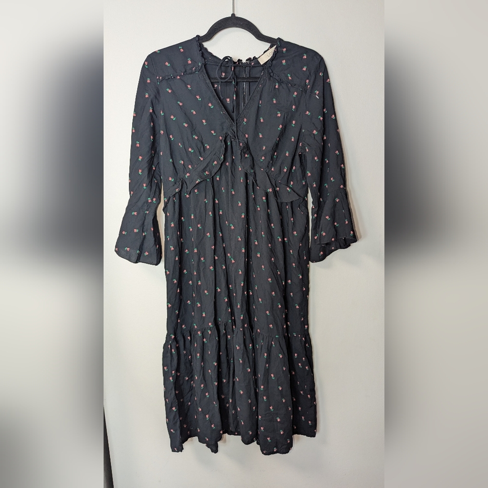 M LOFT Black Tulip Print Boho Peasant Ruffle Sleeve Dress
